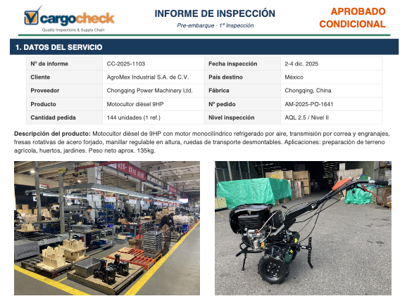 Informe de inspección condicional — Motocultor diésel
