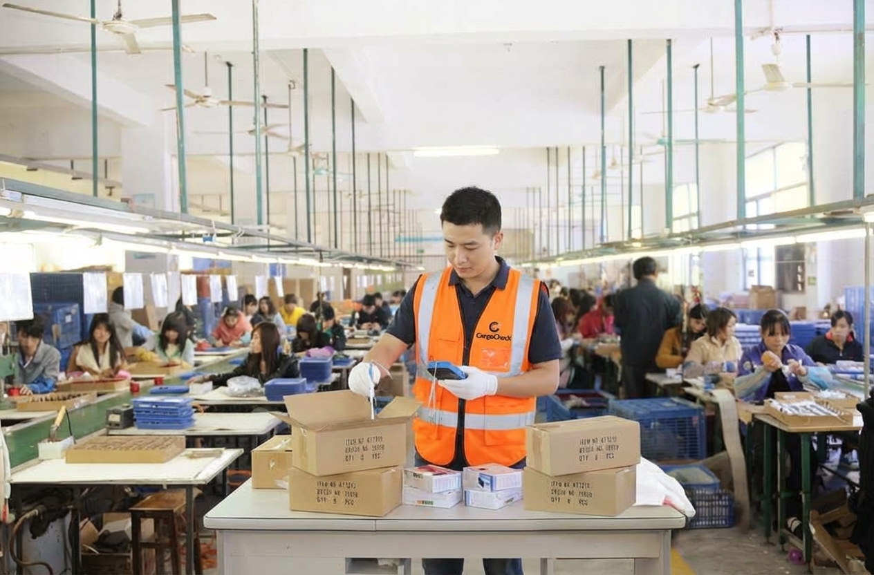 Inspector CargoCheck verificando mercancía en fábrica China